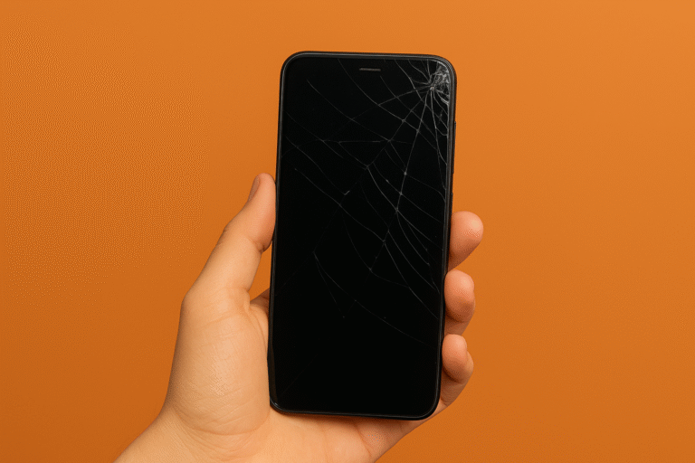 Pessoa segurando um smartphone Xiaomi com a tela danificada, ilustrando a necessidade de troca de tela de Xiaomi.