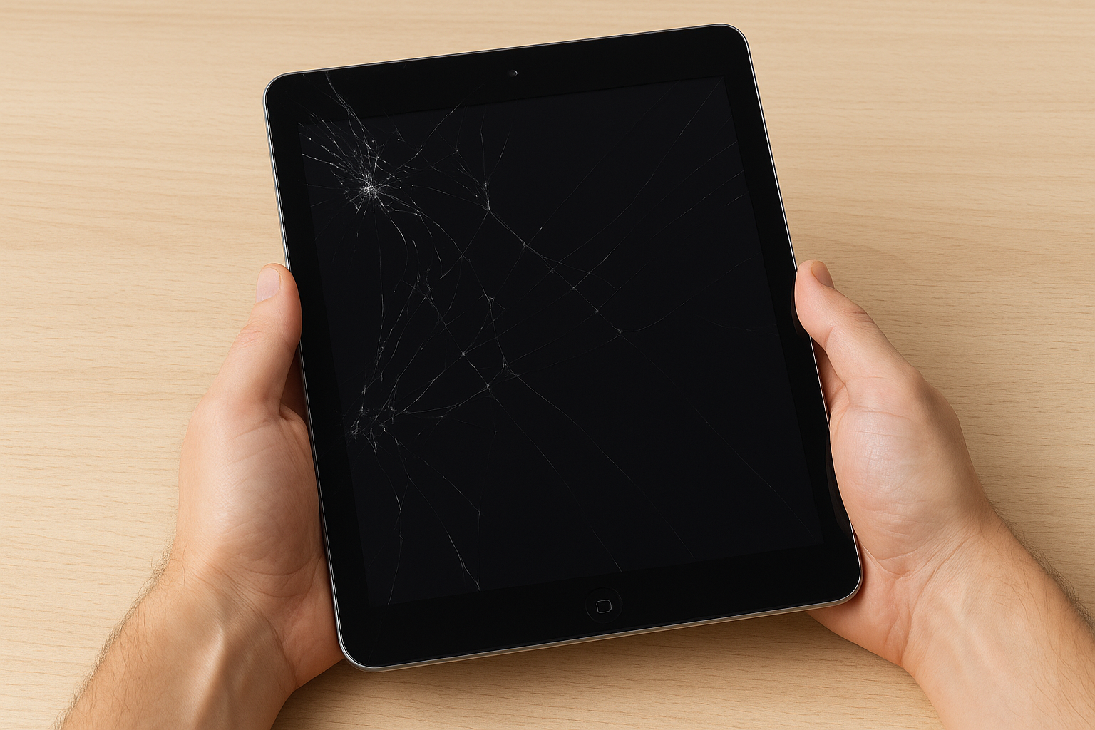 Pessoa segurando um iPad com a tela quebrada, ilustrando a necessidade de troca de tela.
