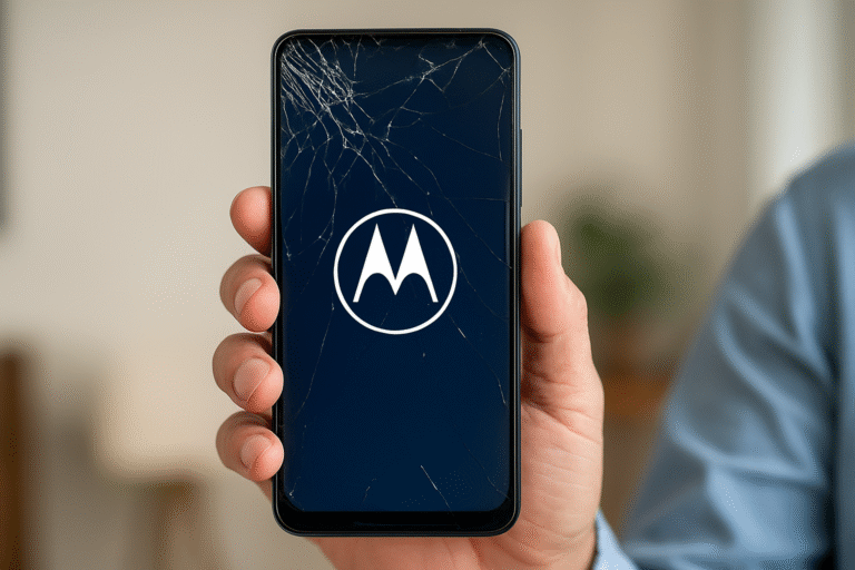 Pessoa segurando um smartphone Motorola com o vidro quebrado, mas com a tela acesa exibindo o logo da Motorola.