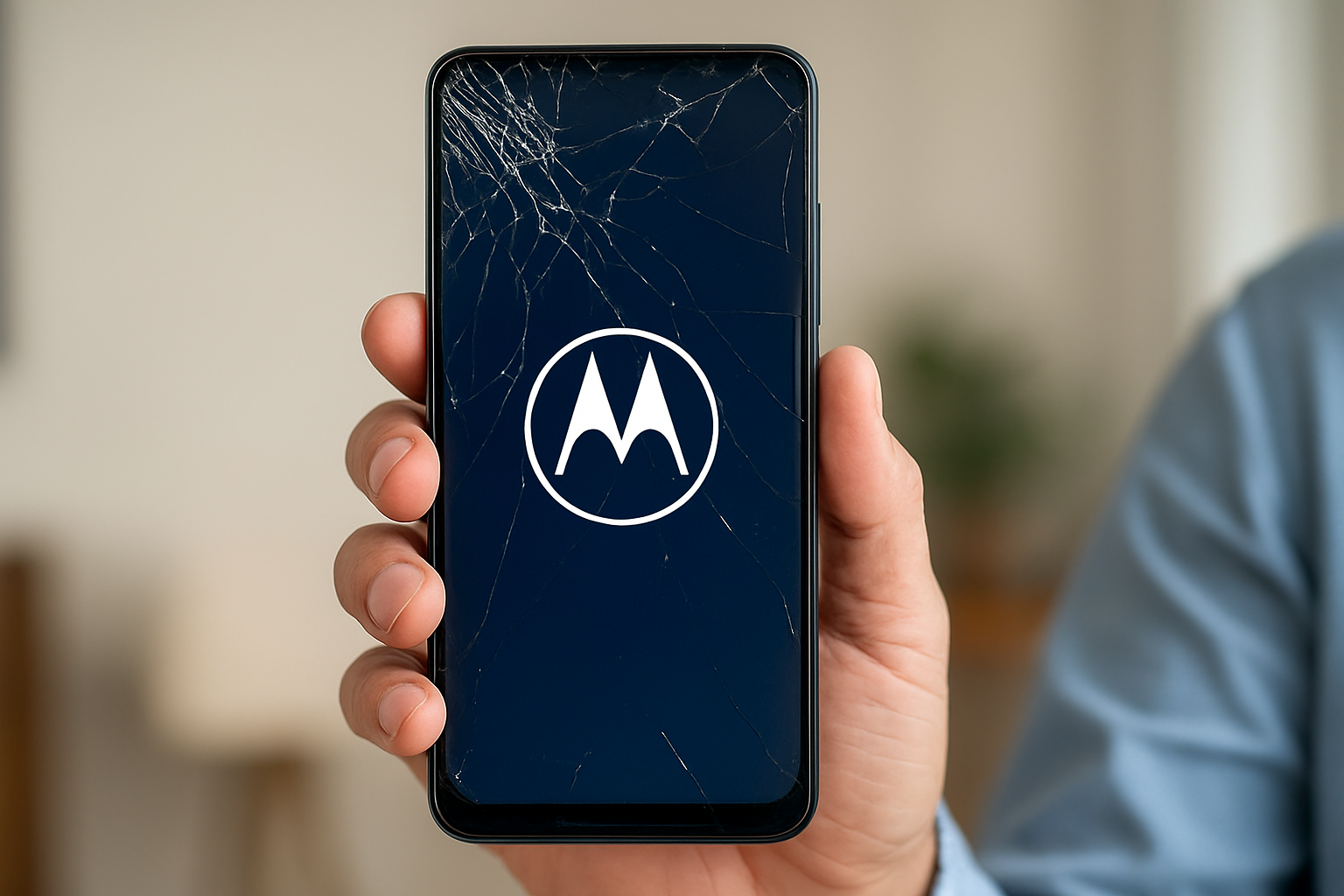 Pessoa segurando um smartphone Motorola com o vidro quebrado, mas com a tela acesa exibindo o logo da Motorola.