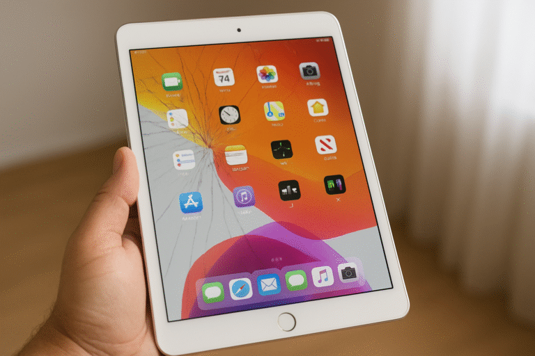 iPad com tela trincada acesa sendo segurado por uma pessoa, ilustrando necessidade de troca de vidro.