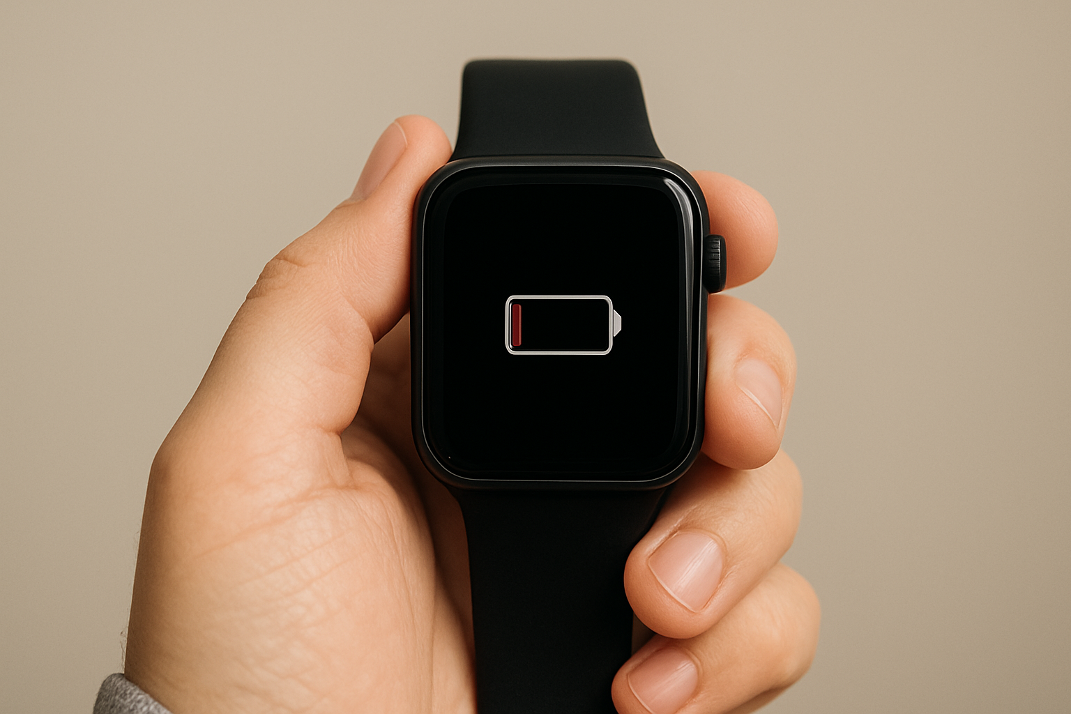 Mão segurando um Apple Watch com alerta de bateria fraca exibido na tela.