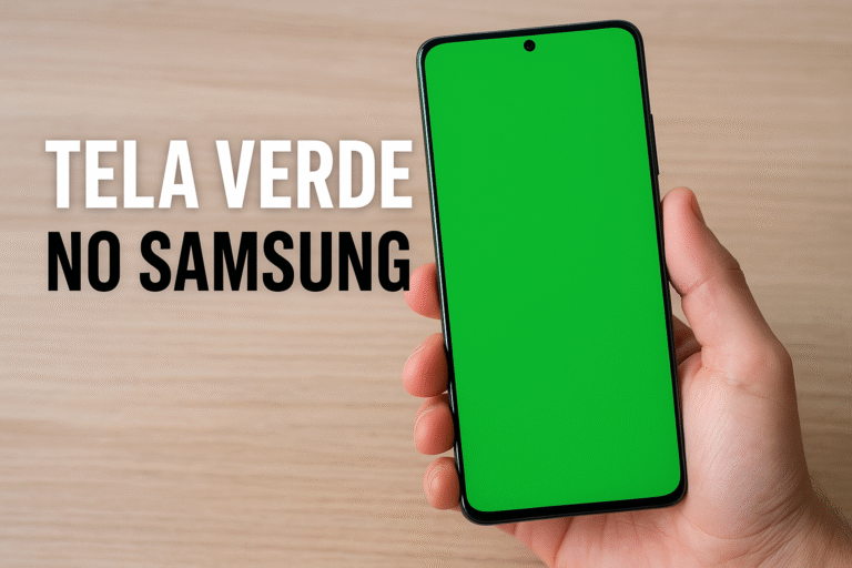 Cliente segurando um celular Samsung com a tela exibindo tonalidade verde, ilustrando o problema de tela verde nos modelos Galaxy.