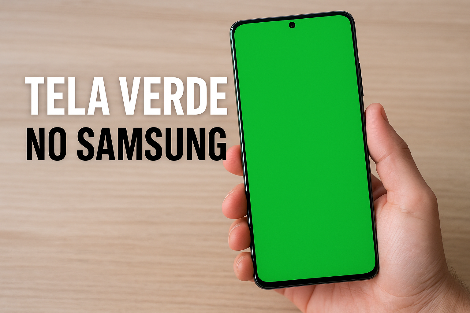 Cliente segurando um celular Samsung com a tela exibindo tonalidade verde, ilustrando o problema de tela verde nos modelos Galaxy.