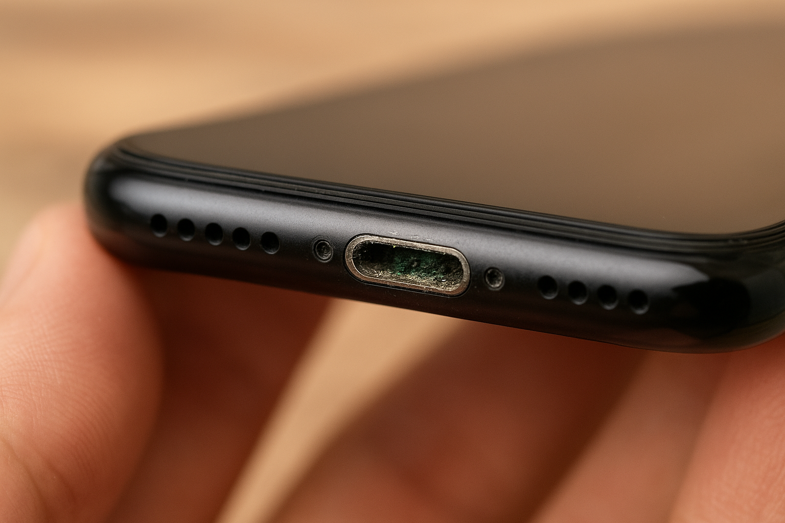 Conector de carga oxidado em celular, mostrando pontos de corrosão e acúmulo de sujeira.