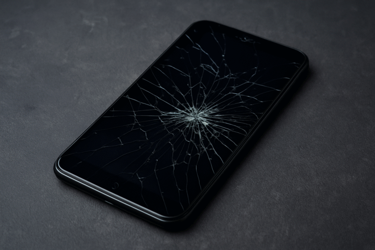 Smartphone com vidro trincado em close-up sobre superfície escura.