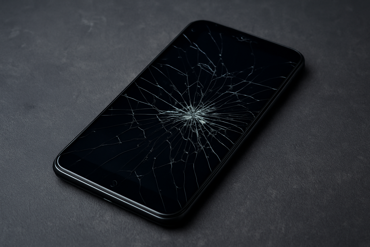 Smartphone com vidro trincado em close-up sobre superfície escura.