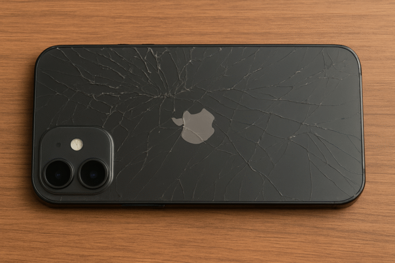 iPhone com vidro traseiro quebrado sobre mesa de madeira, mostrando detalhes das rachaduras no painel traseiro.