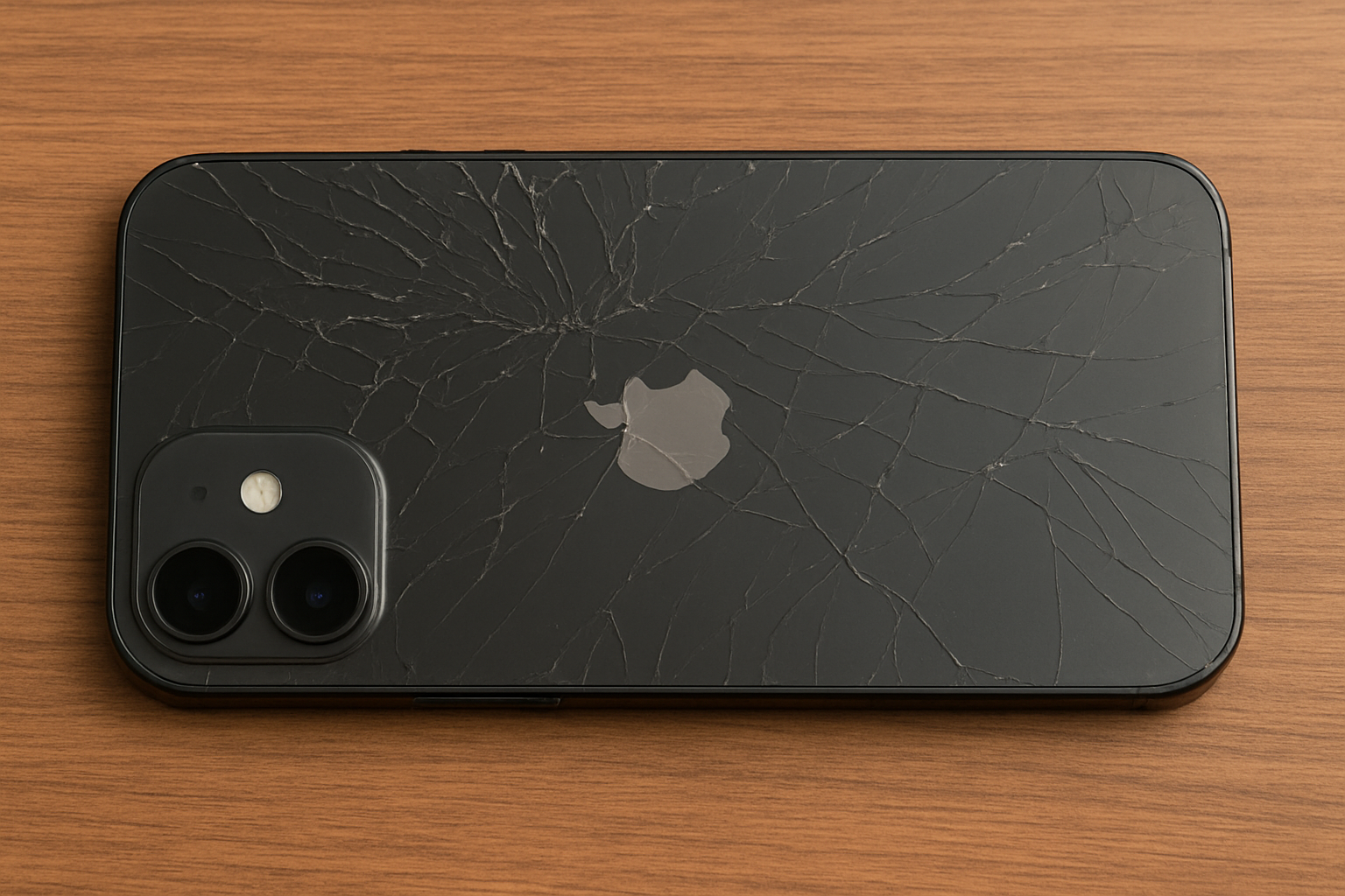iPhone com vidro traseiro quebrado sobre mesa de madeira, mostrando detalhes das rachaduras no painel traseiro.