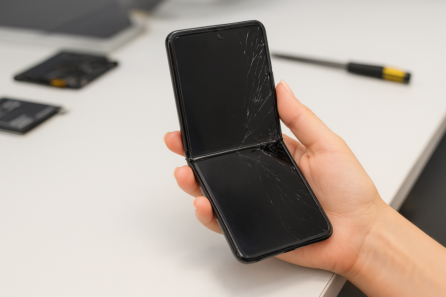 Smartphone dobrável Samsung Z Flip sendo reparado em assistência técnica especializada