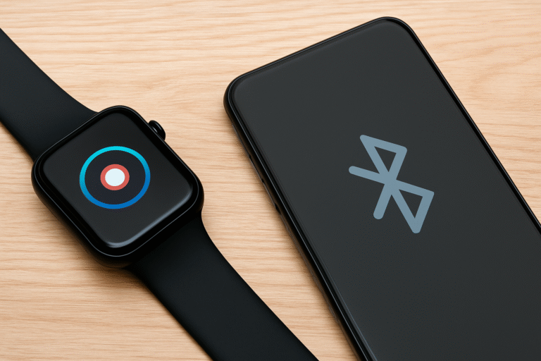Smartwatch e celular lado a lado sobre uma mesa de madeira, representando falha de conexão Bluetooth entre os dispositivos.