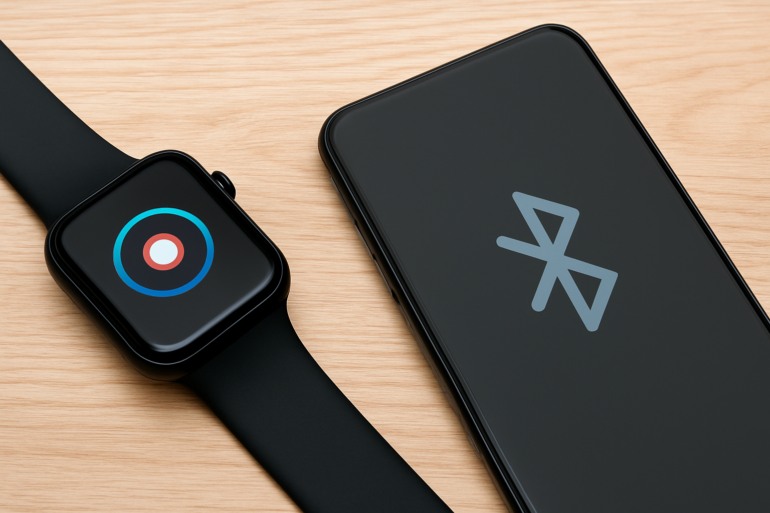 Smartwatch e celular lado a lado sobre uma mesa de madeira, representando falha de conexão Bluetooth entre os dispositivos.