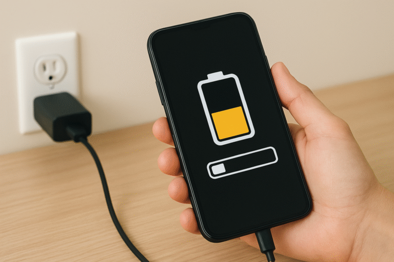 Pessoa segura um smartphone conectado ao carregador na tomada, exibindo na tela o ícone de bateria em processo de calibragem.