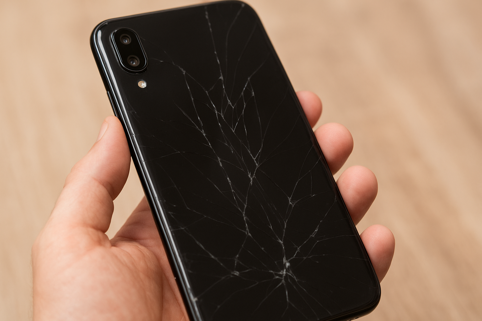 Mão segurando um smartphone Android com o vidro traseiro trincado, destacando os danos na parte de trás do aparelho.