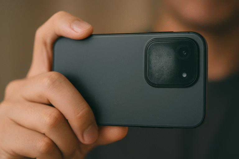 Câmera traseira de celular embaçada sendo segurada por uma pessoa, representando problema comum resolvido pela ConsertCell.