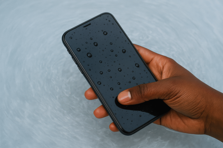 Mão de uma mulher negra segurando um smartphone parcialmente molhado, simbolizando um celular que caiu na água.
