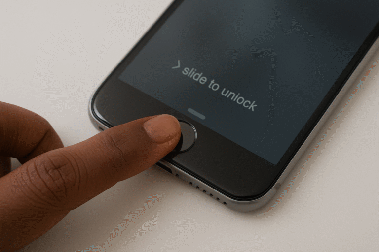 Mão feminina de pele negra pressionando o botão Touch ID de um iPhone sobre uma superfície clara.