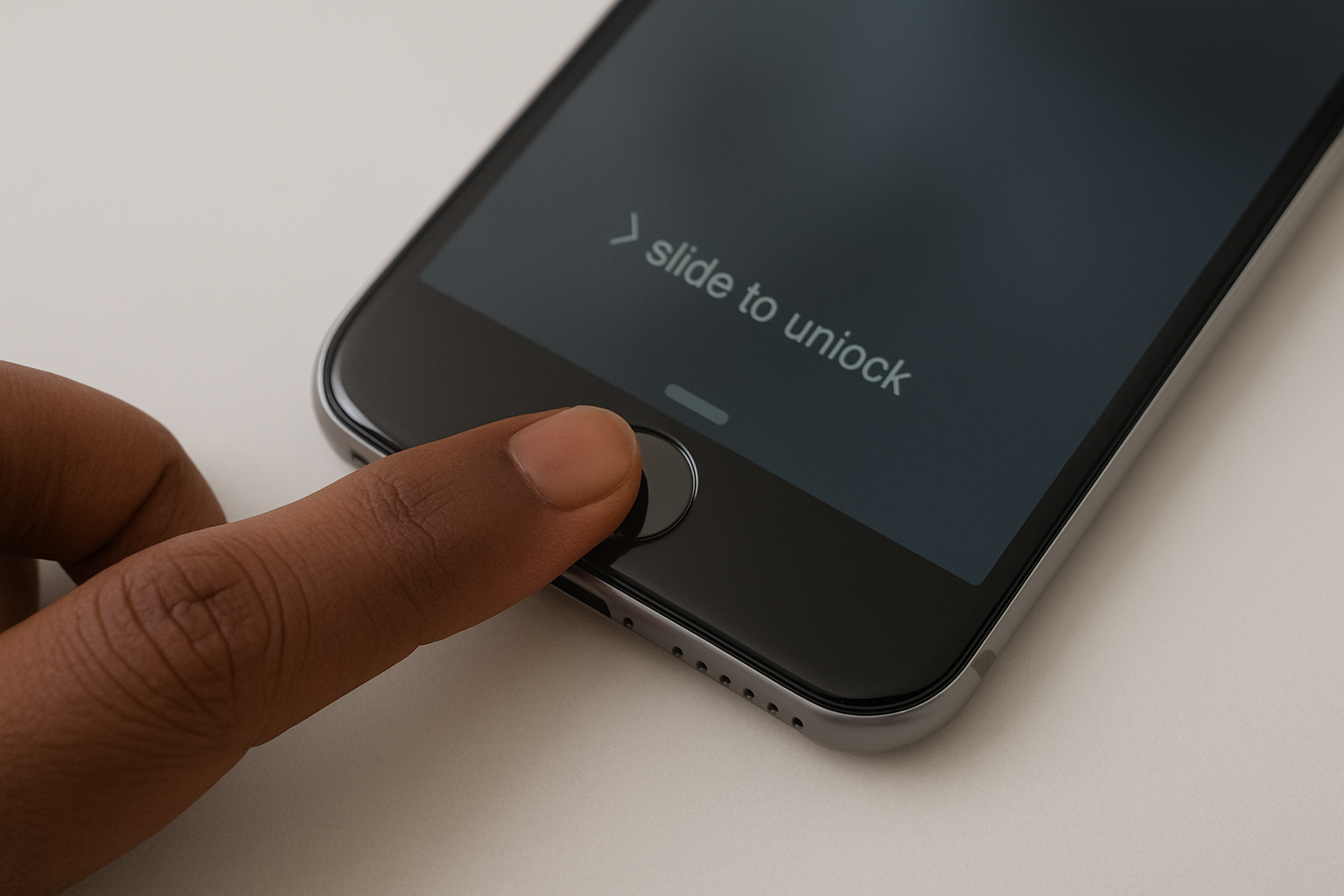 Mão feminina de pele negra pressionando o botão Touch ID de um iPhone sobre uma superfície clara.