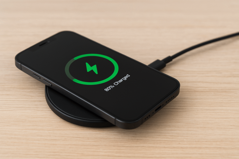 Smartphone sendo carregado em base de carregamento sem fio sobre uma mesa de madeira.